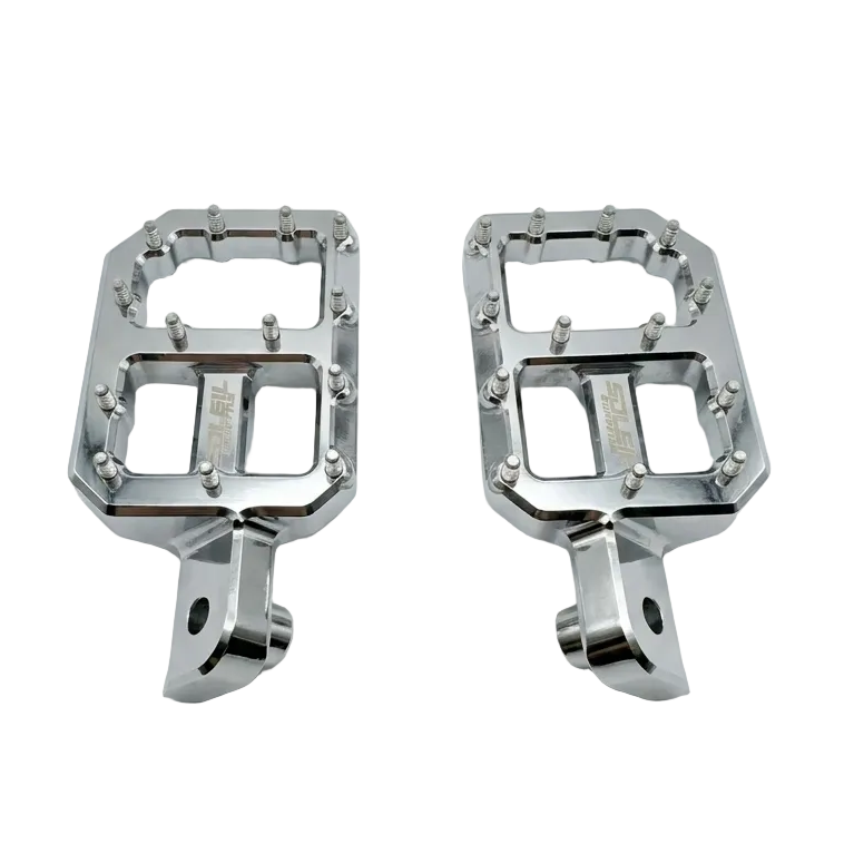 Soleil Supplies chrome CNC foot pegs with silver spikes