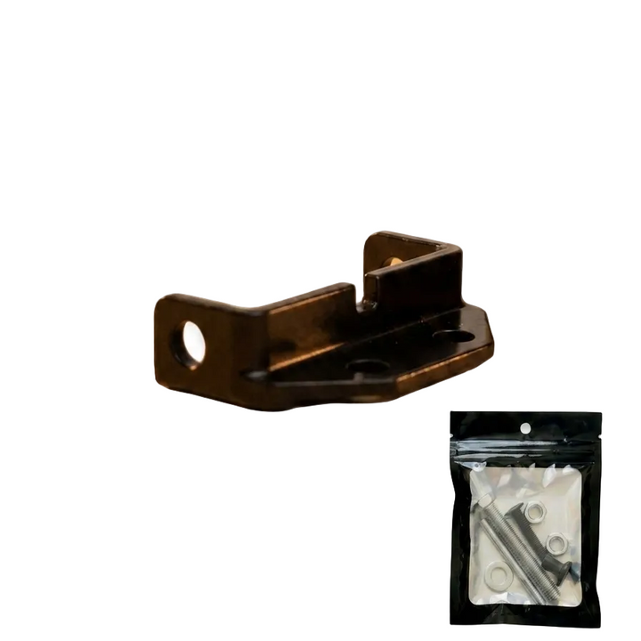 A dark bronze metal bracket shown on a white background, with a small black resealable pouch containing mounting hardware in the lower right corner.