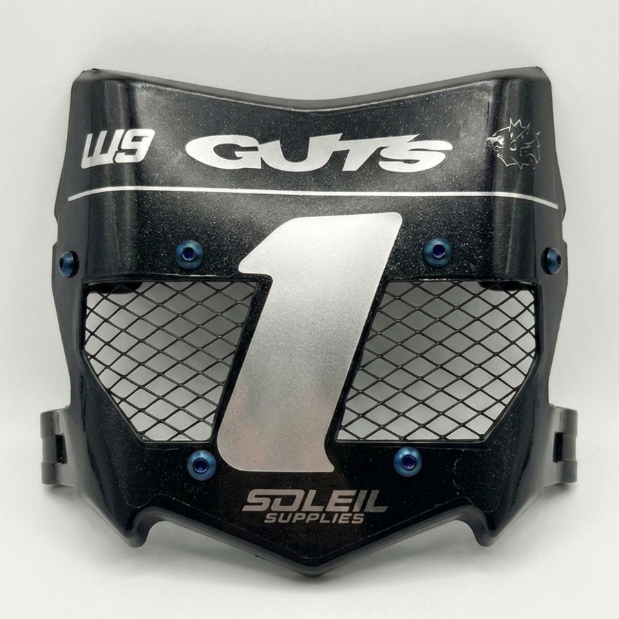 Black and silver motocross or dirt bike neck guard with blue adjustment screws, featuring 'GUTS' and 'SOLEIL SUPPLIES' branding on a light gray background.