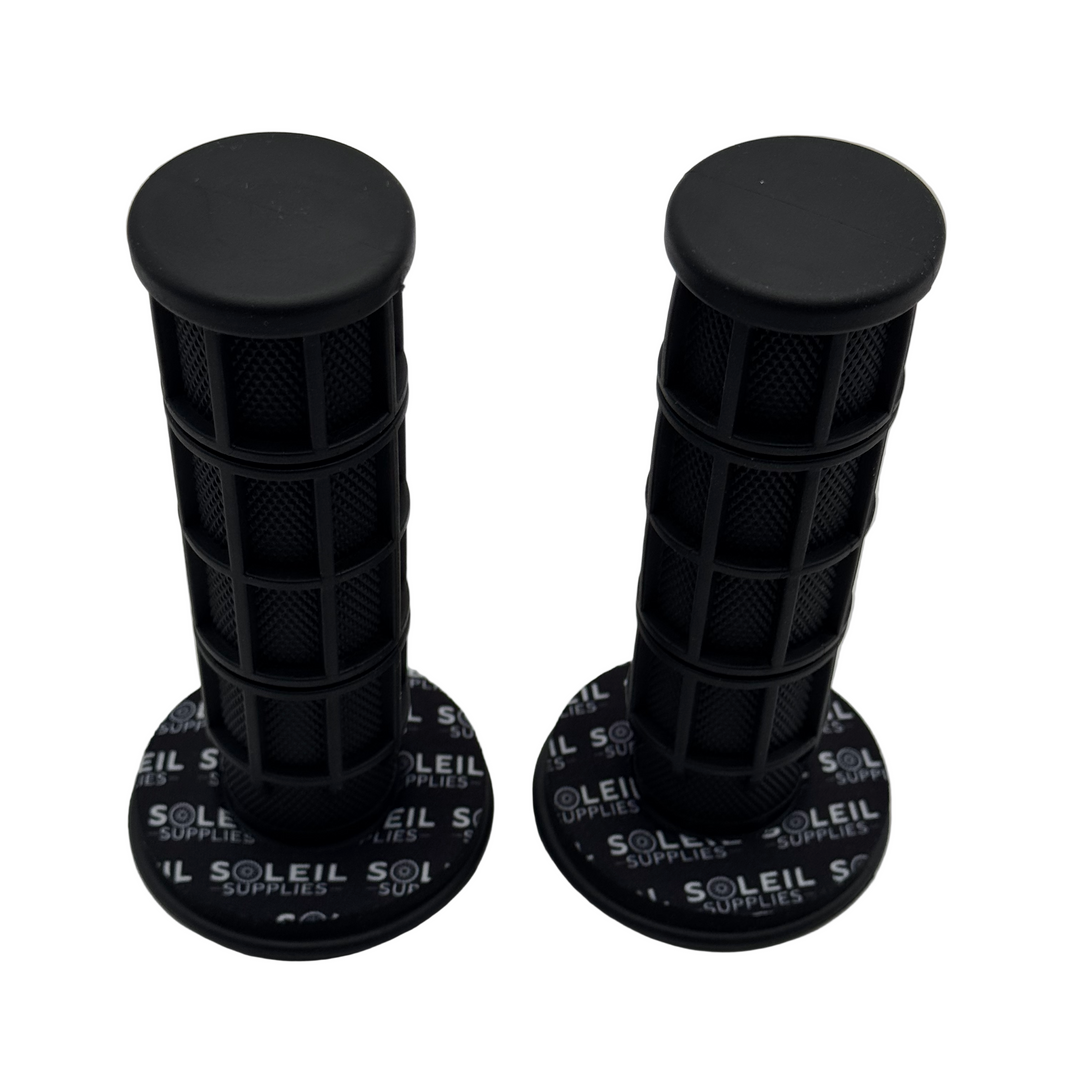 Soleil Grips with handy Neoprene Grip Donuts—they’re like a tag team for your hands! The grips give you a strong, waffle‑textured handle that helps keep control and comfort better than stock grips