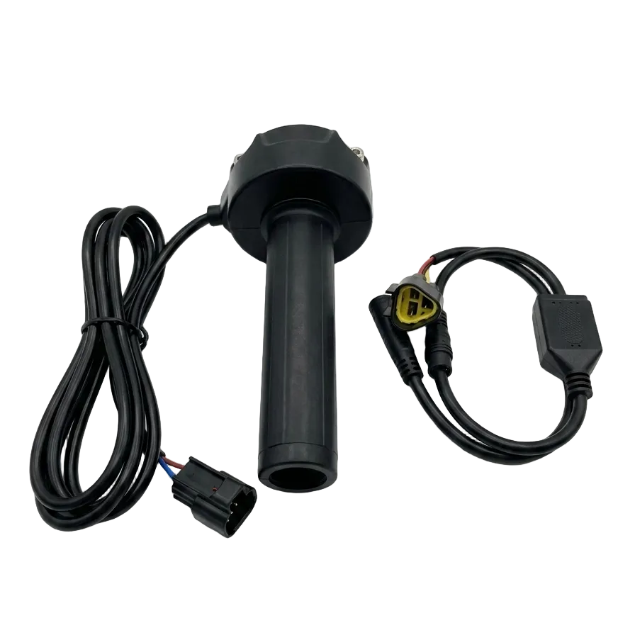 A black cylindrical handlebar-style sensor or control module with attached black cables and connectors, photographed on a clean white studio background.