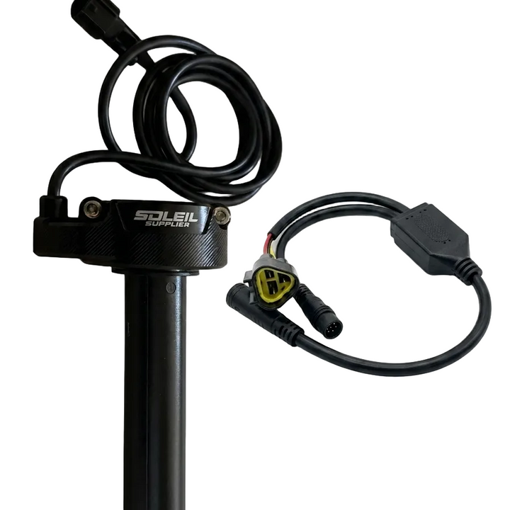 A black Solaris bicycle handlebar switch with a long cable and a separate black connector module, displayed on a clean white background.