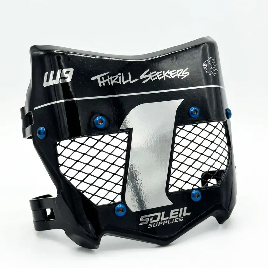 Black motocross or dirt bike face guard with silver mesh grilles and blue screws, branded with &