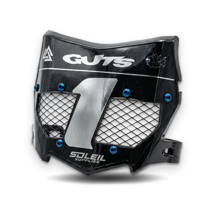 A black protective face guard with a silver mesh pattern and blue screws, branded with &
