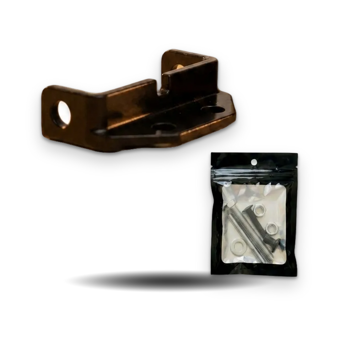 A dark bronze metal bracket shown on a white background, with a small black resealable pouch containing mounting hardware in the lower right corner.