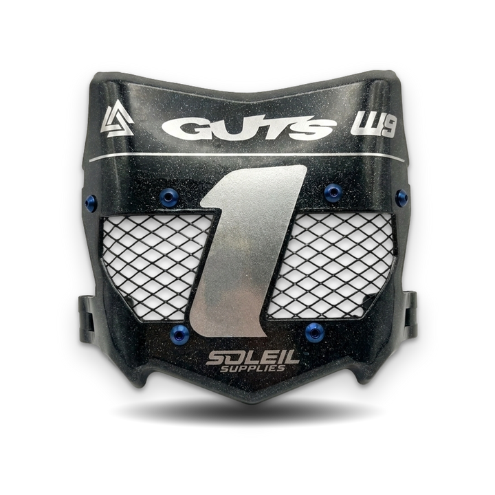 A black motocross or off-road mouthguard with a silver mesh front grille, blue hex screws, and white branding for &