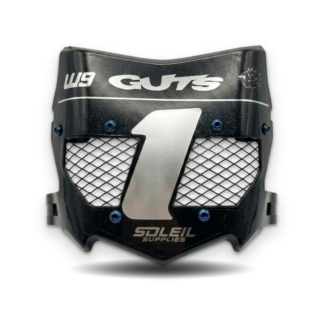 Black and silver motocross or dirt bike neck guard with blue adjustment screws, featuring &