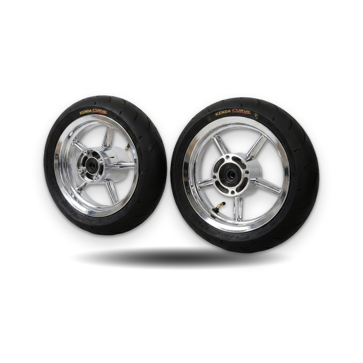 Two motorcycle wheels with black knobby tires and polished chrome five-spoke rims, shown on a white background.