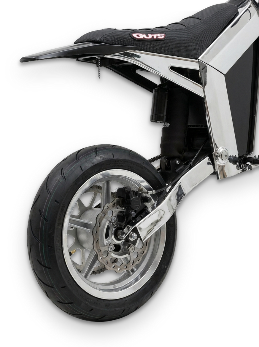 Close-up rear three-quarter view of a black and chrome electric scooter or moped showing the rear wheel, disc brake, frame, and part of the seat with a visible OUTS logo on a white studio background.