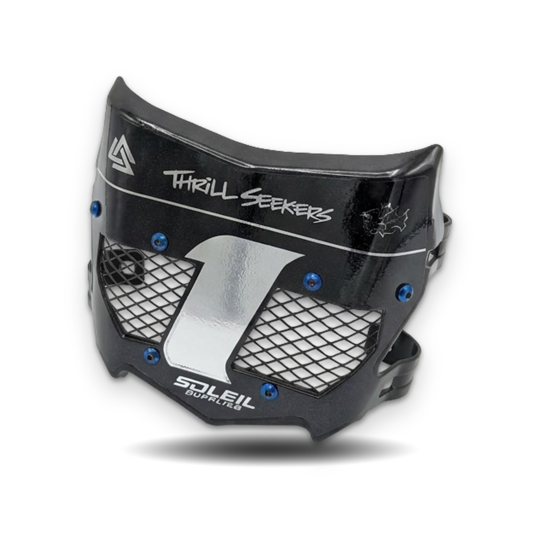 A black motorcycle or ATV face shield with a silver mesh grille and blue screws, featuring &
