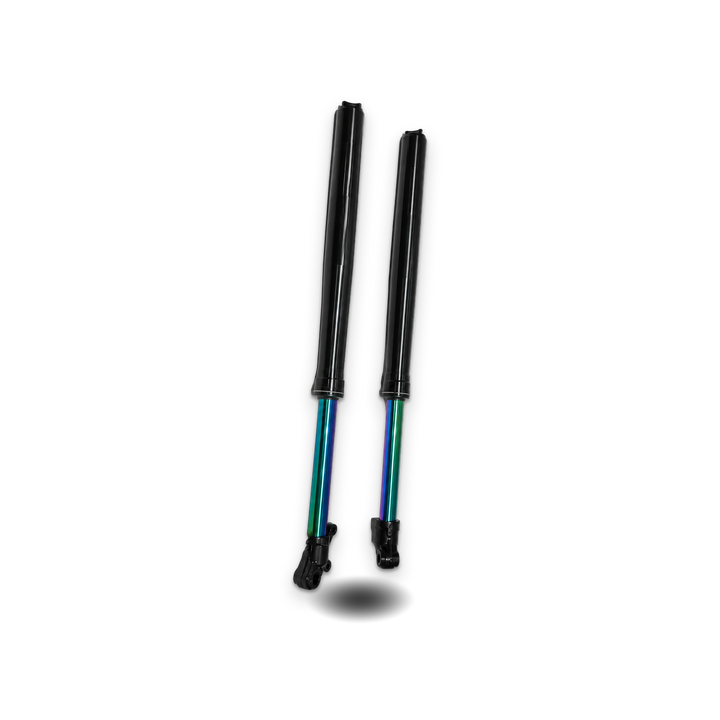 Tuttio and Yozma adjustable fork pair with black legs and rainbow stanchions on white