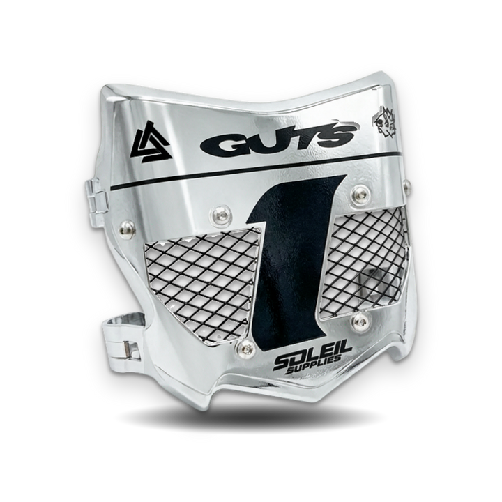 A silver metallic motocross face guard with black mesh panels and printed black branding, including &