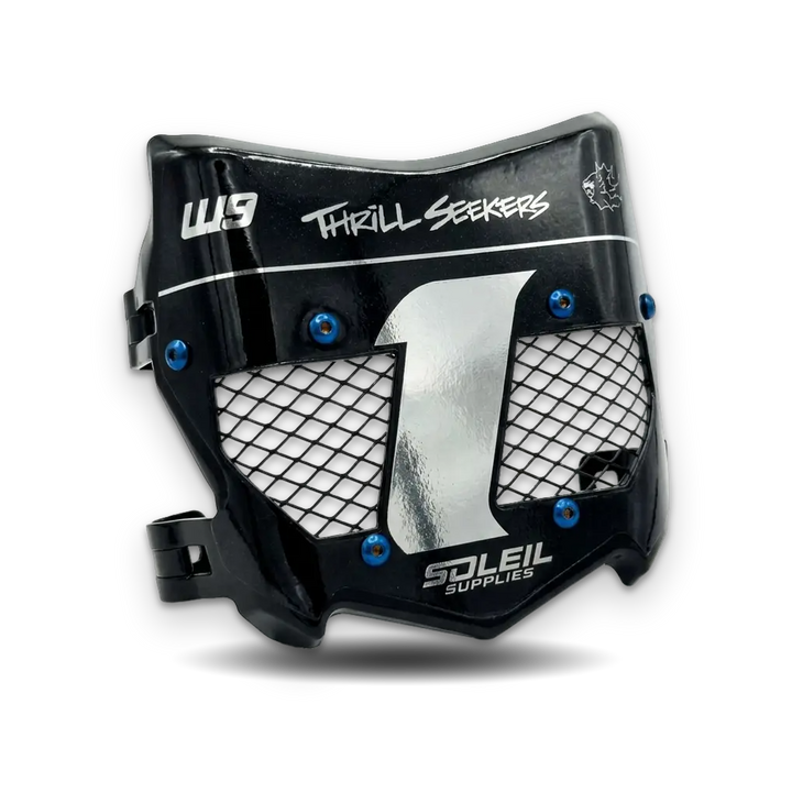 Black motocross or dirt bike face guard with silver mesh grilles and blue screws, branded with &