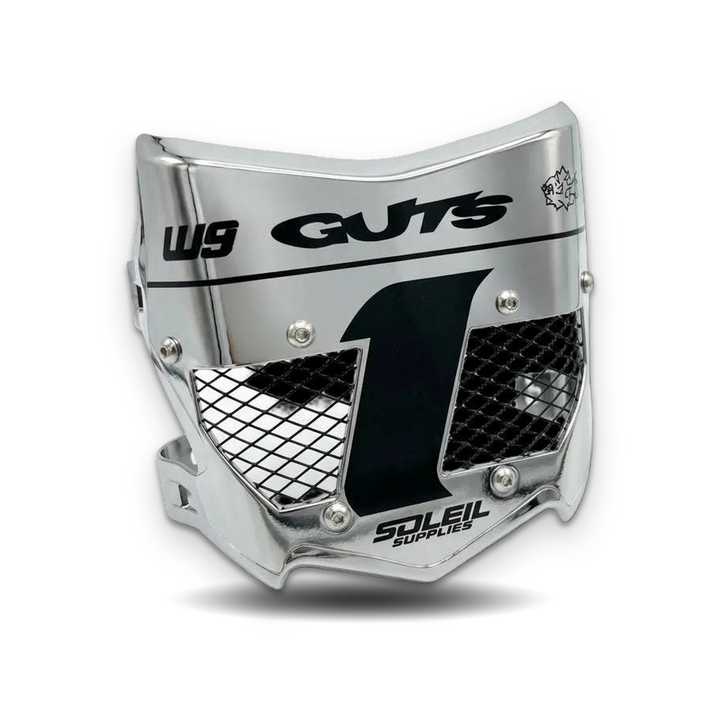 A polished silver chrome protective face guard with black mesh grates and black printed branding, including &
